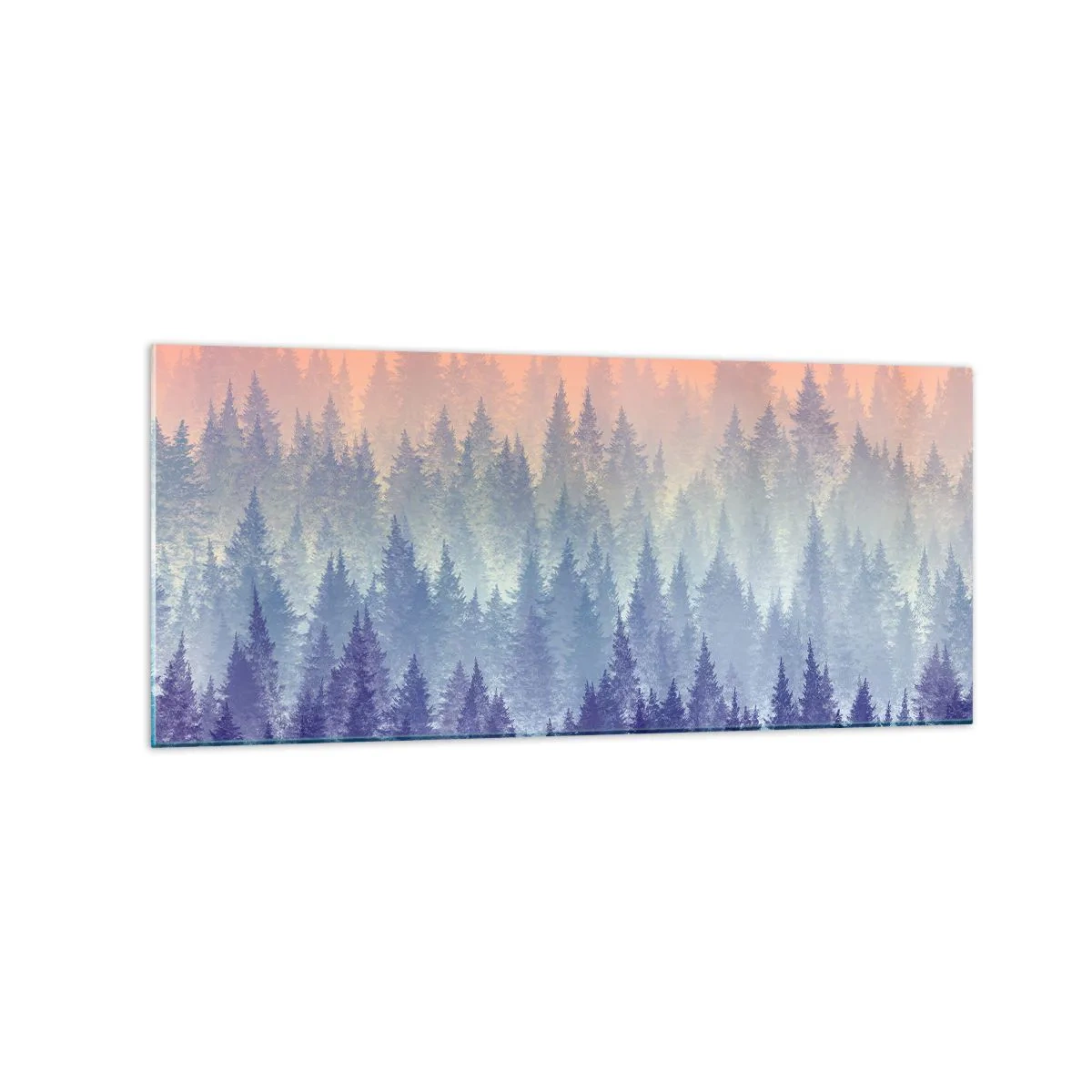 Glasbild - Bild auf glas - Ein nebliger Wald in Lila- und Orangetönen - 120x50cm - Hoch, höher, zum Himmel - Moderne Wanddekoration für Wohnzimmer und Schlafzimmer ARTTOR