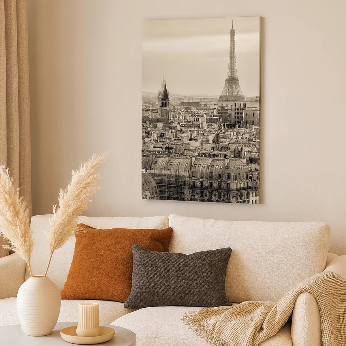 Bild auf Leinwand - Leinwandbild - Panorama von Paris mit dem Eiffelturm in Sepiatönen - 50x70cm - Über den Dächern von Paris - Moderne Wanddekoration für Wohnzimmer und Schlafzimmer ARTTOR