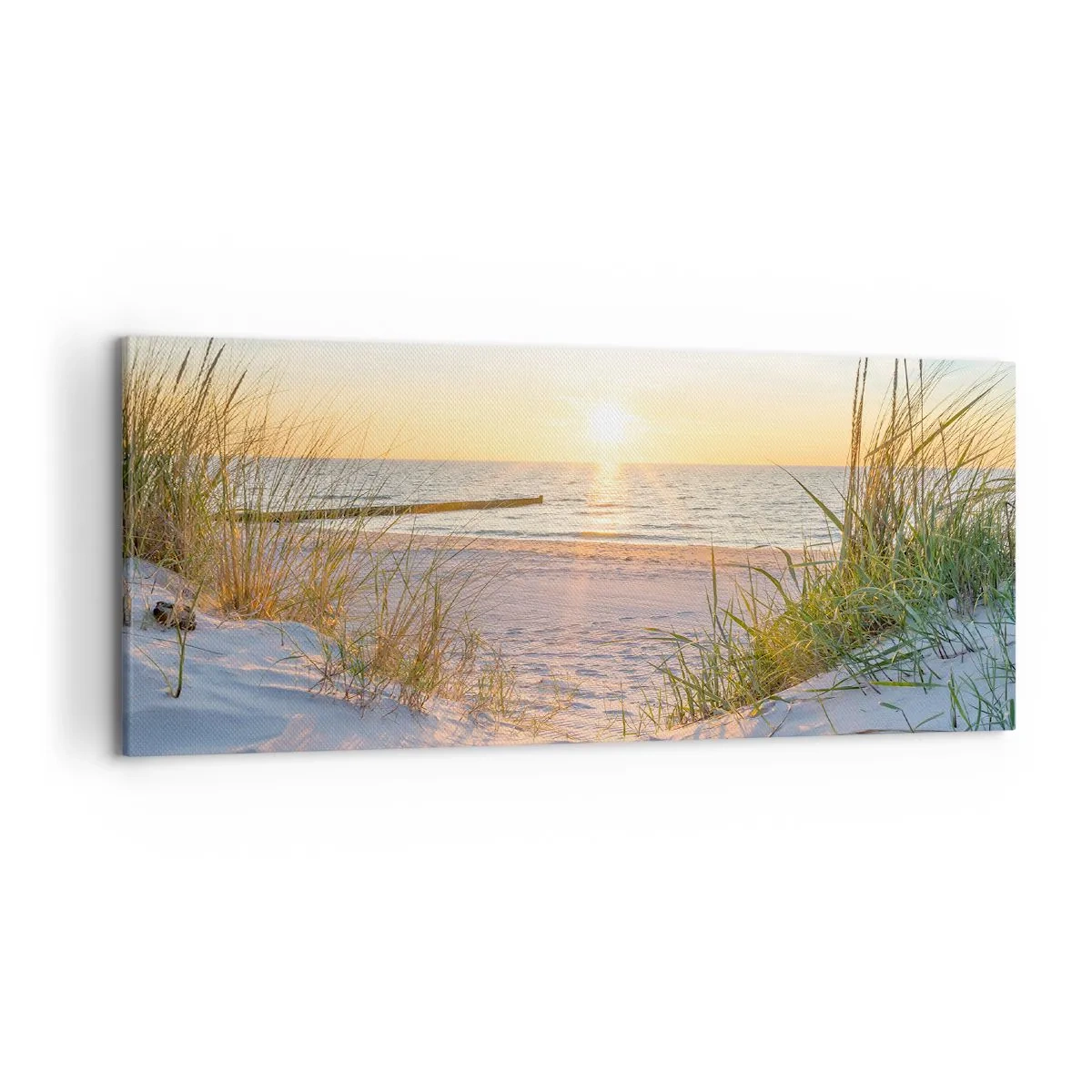 Bild auf Leinwand - Leinwandbild - Ein Sandstrand mit Blick auf den Sonnenuntergang über dem Meer - 120x50cm - Das Rauschen des Meeres, der Gesang der Vögel, ein wilder Strand im Gras ... - Moderne Wanddekoration für Wohnzimmer und Schlafzimmer ARTTOR
