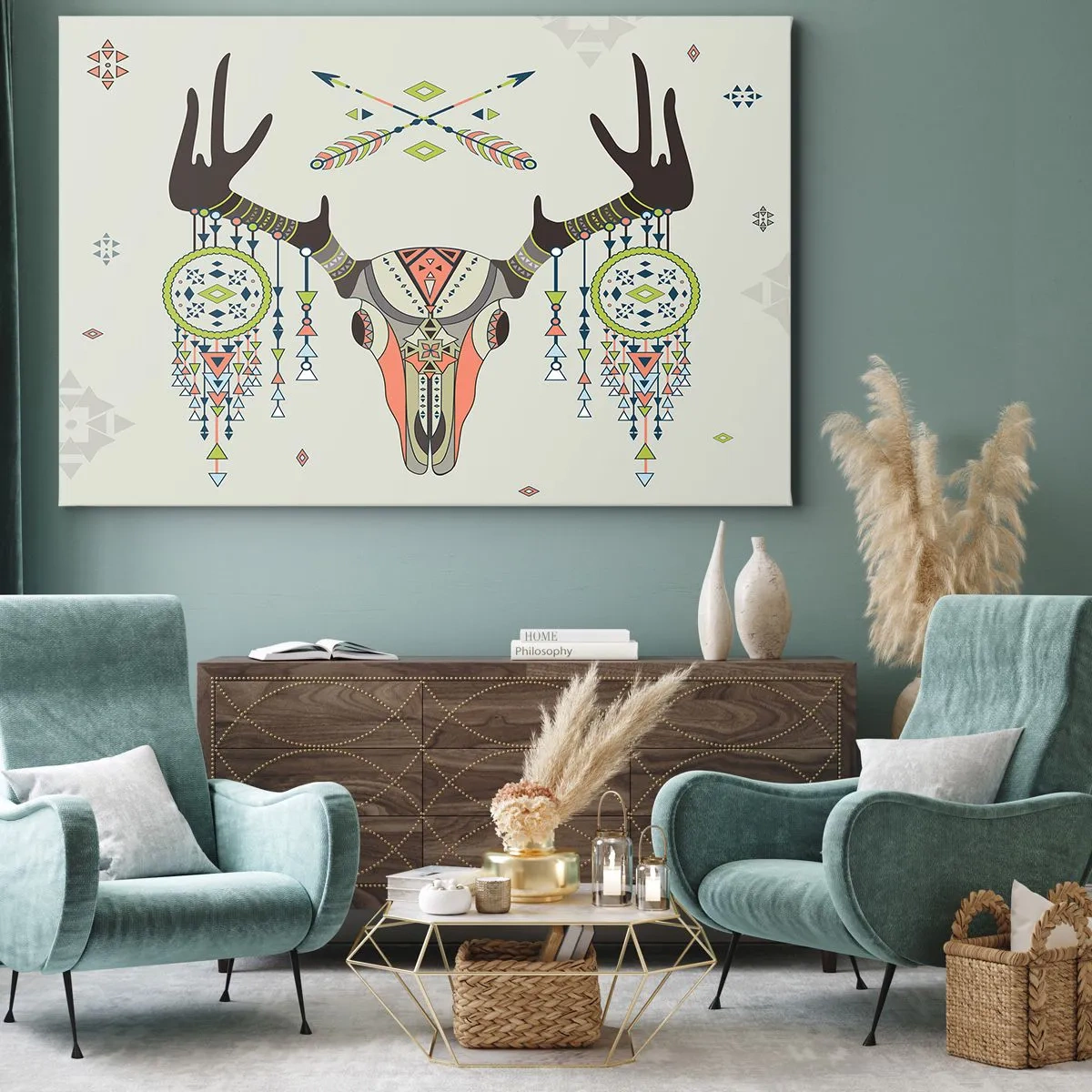 Bild auf Leinwand - Leinwandbild - Boho Deko mit Hirschschädel und Traumfänger - 120x80cm - Indische Jägertrophäe - Moderne Wanddekoration für Wohnzimmer und Schlafzimmer ARTTOR