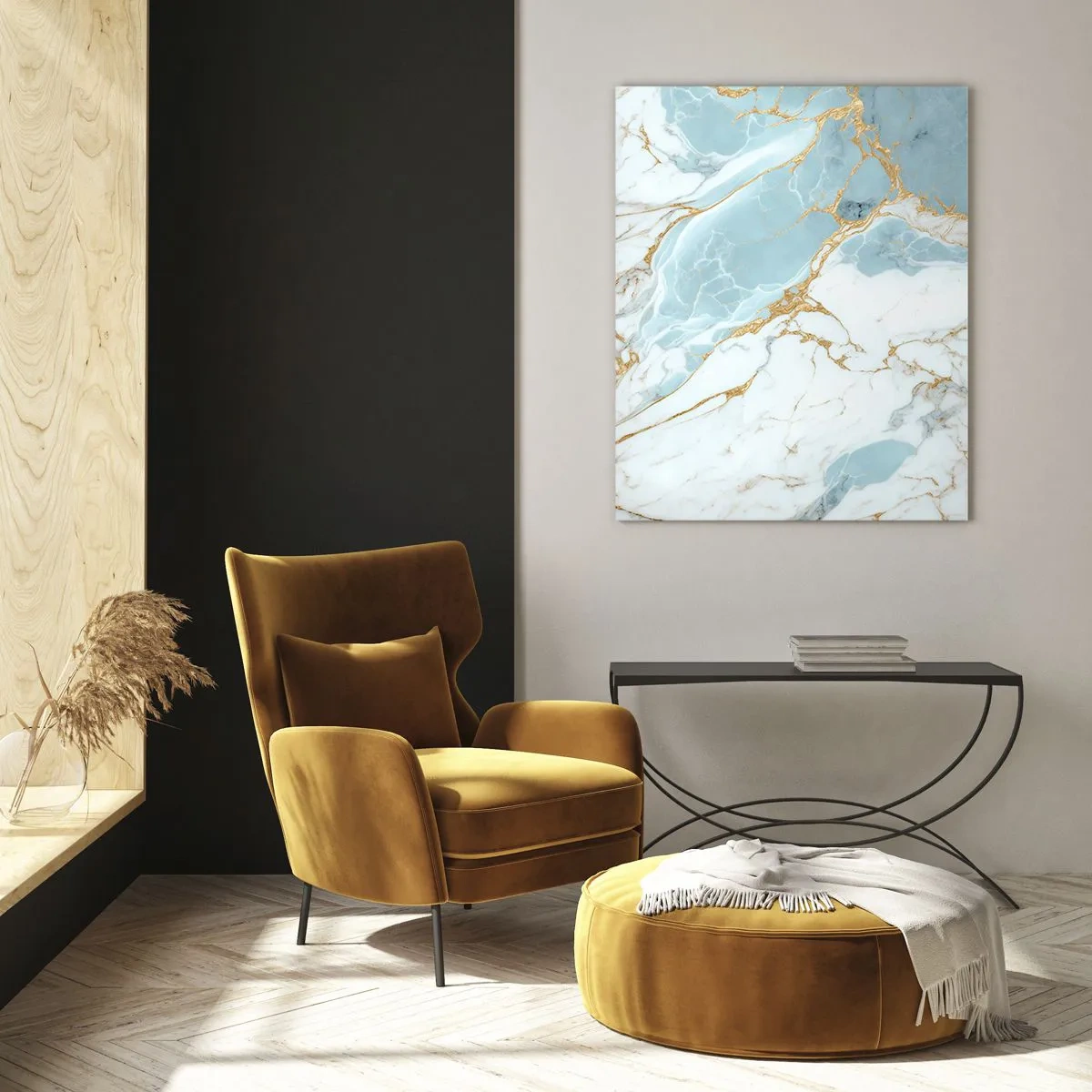 Glasbild - Bild auf glas - Blaue und weiße Marmormuster mit zusätzlichen goldenen Adern - 70x100cm - Reichtum des Steins - Moderne Wanddekoration für Wohnzimmer und Schlafzimmer ARTTOR