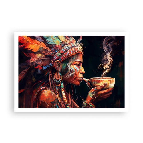 Poster - Eine farbenfrohe Figur im Ethno-Stil mit einer Tasse dampfenden Getränks - 100x70cm - Magisches Ritual - Moderne Wanddekoration für Wohnzimmer und Schlafzimmer ARTTOR