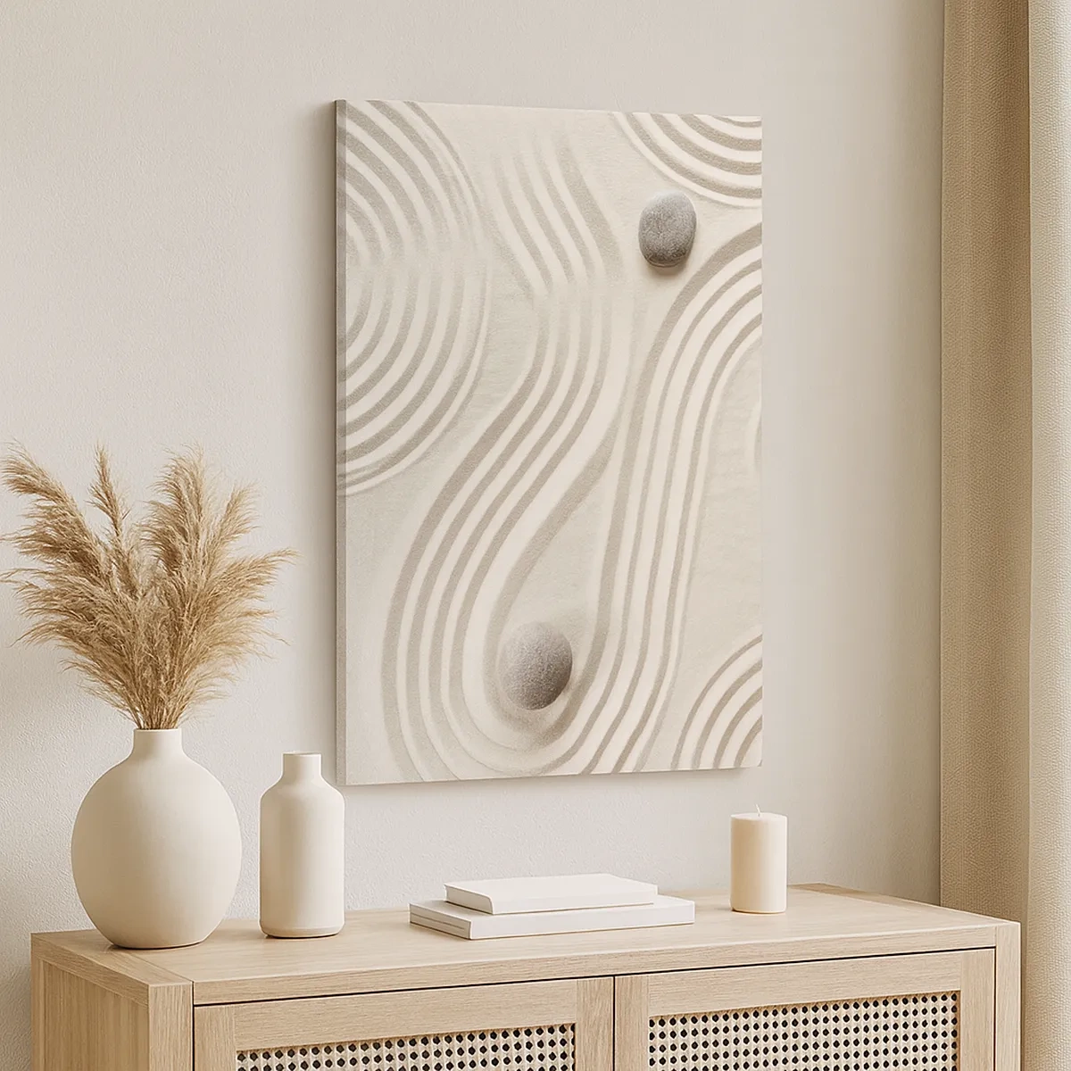 Bild auf Leinwand - Leinwandbild - Minimalistisches Zen-Design mit Sand und Steinen - 50x70cm - Ein Hauch von Wärme - Moderne Wanddekoration für Wohnzimmer und Schlafzimmer ARTTOR