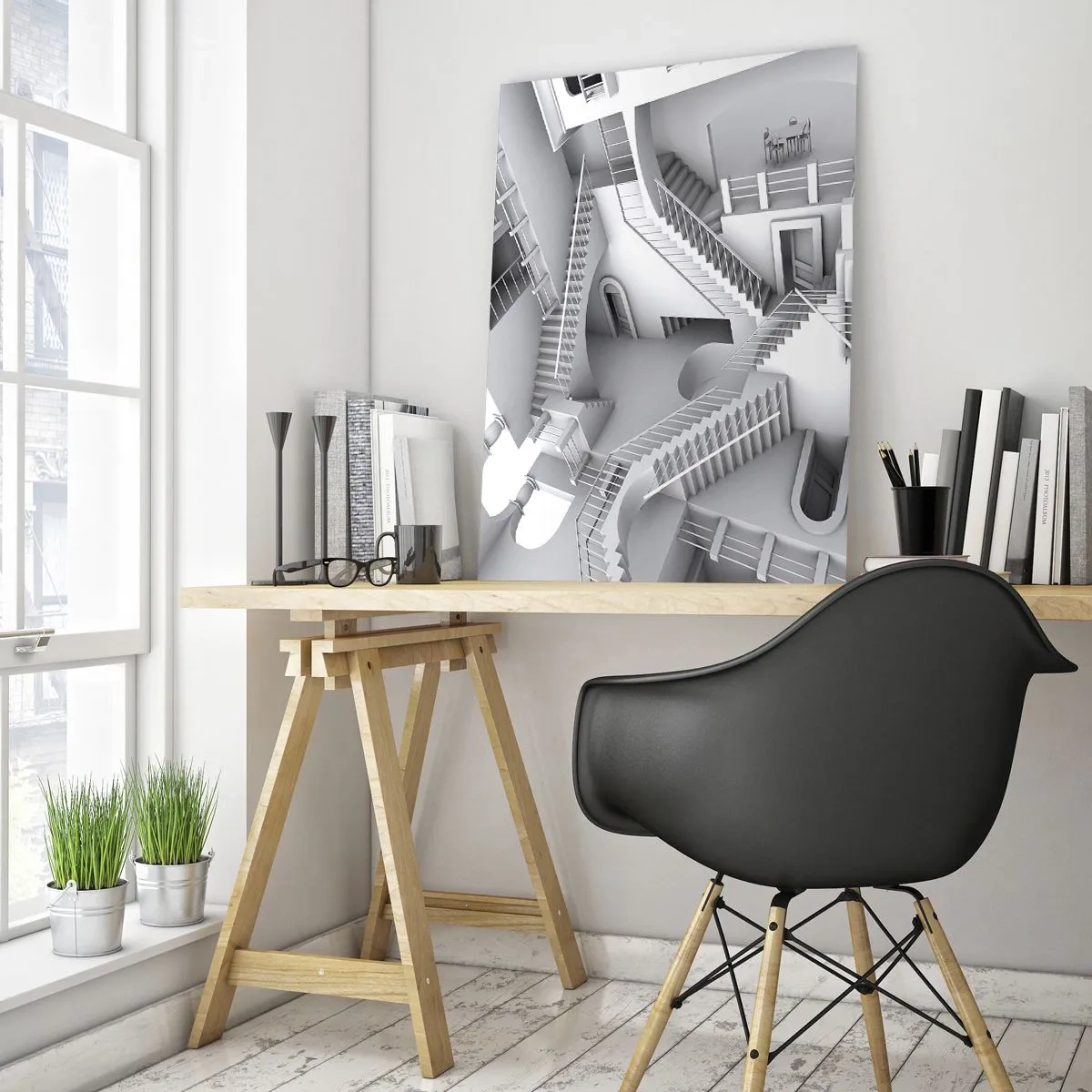 Glasbild - Bild auf glas - Eine abstrakte Komposition aus Treppen in einer surrealistischen Raumanordnung - 80x120cm - Die Paradoxien des Weltraums - Moderne Wanddekoration für Wohnzimmer und Schlafzimmer ARTTOR