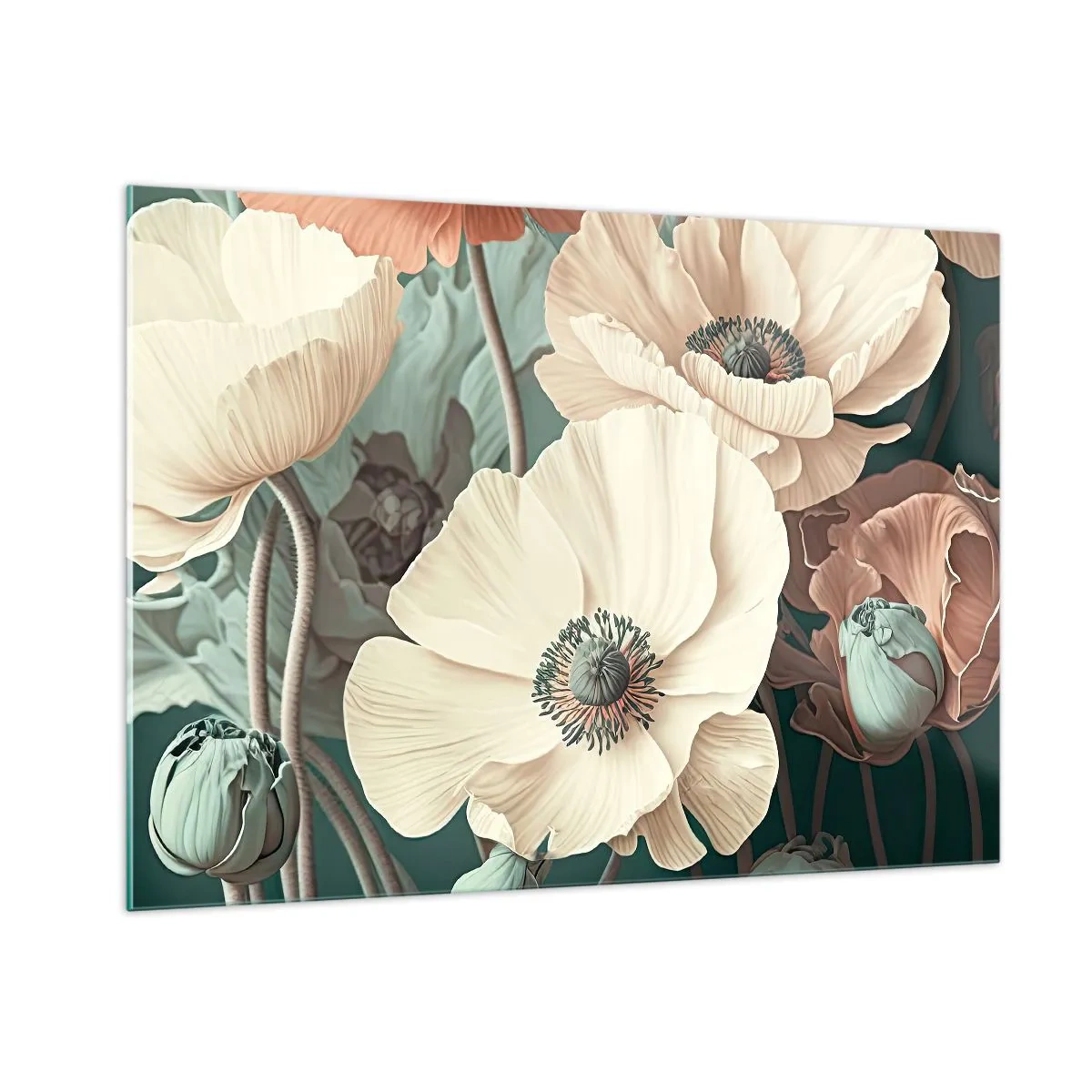 Glasbild - Bild auf glas - Zarte Creme und Lachs Mohn auf dunklem Hintergrund - 100x70cm - Flüstern von Mohnblumen - Moderne Wanddekoration für Wohnzimmer und Schlafzimmer ARTTOR