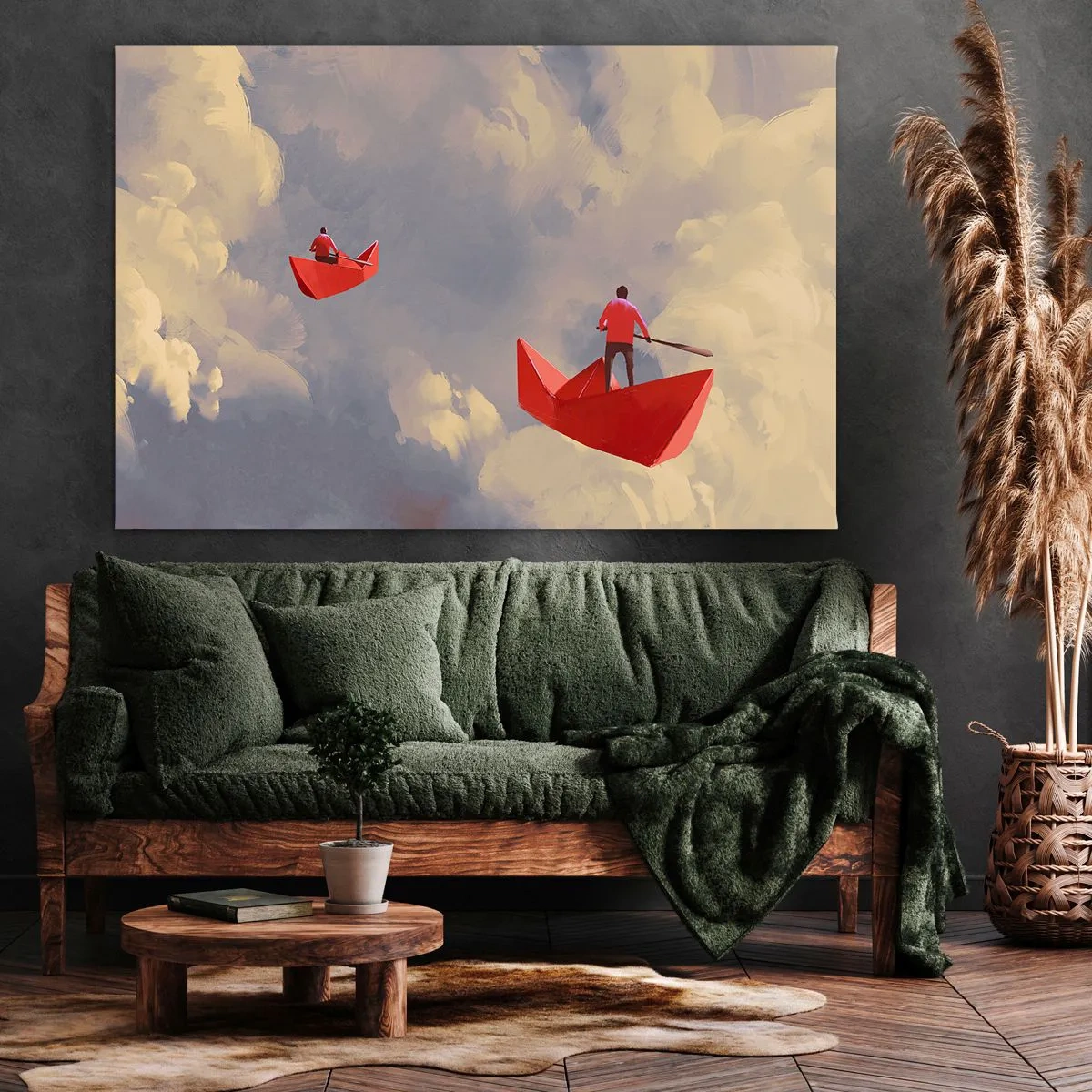 Bild auf Leinwand - Leinwandbild - Rote Papierboote schweben in den Wolken - 100x70cm - Expedition der Träumer - Moderne Wanddekoration für Wohnzimmer und Schlafzimmer ARTTOR