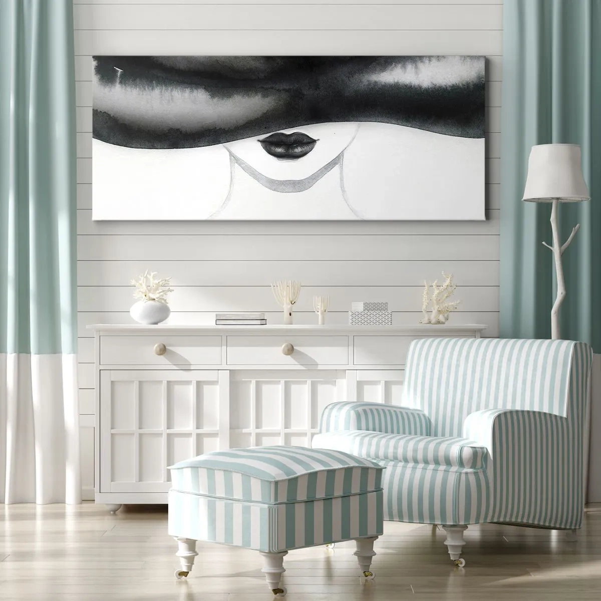 Bild auf Leinwand - Leinwandbild - Ein subtiles Porträt einer Frau, deren Gesicht in einem monochromen Stil bedeckt ist. - 120x50cm - Ein sinnliches Geheimnis - Moderne Wanddekoration für Wohnzimmer und Schlafzimmer ARTTOR