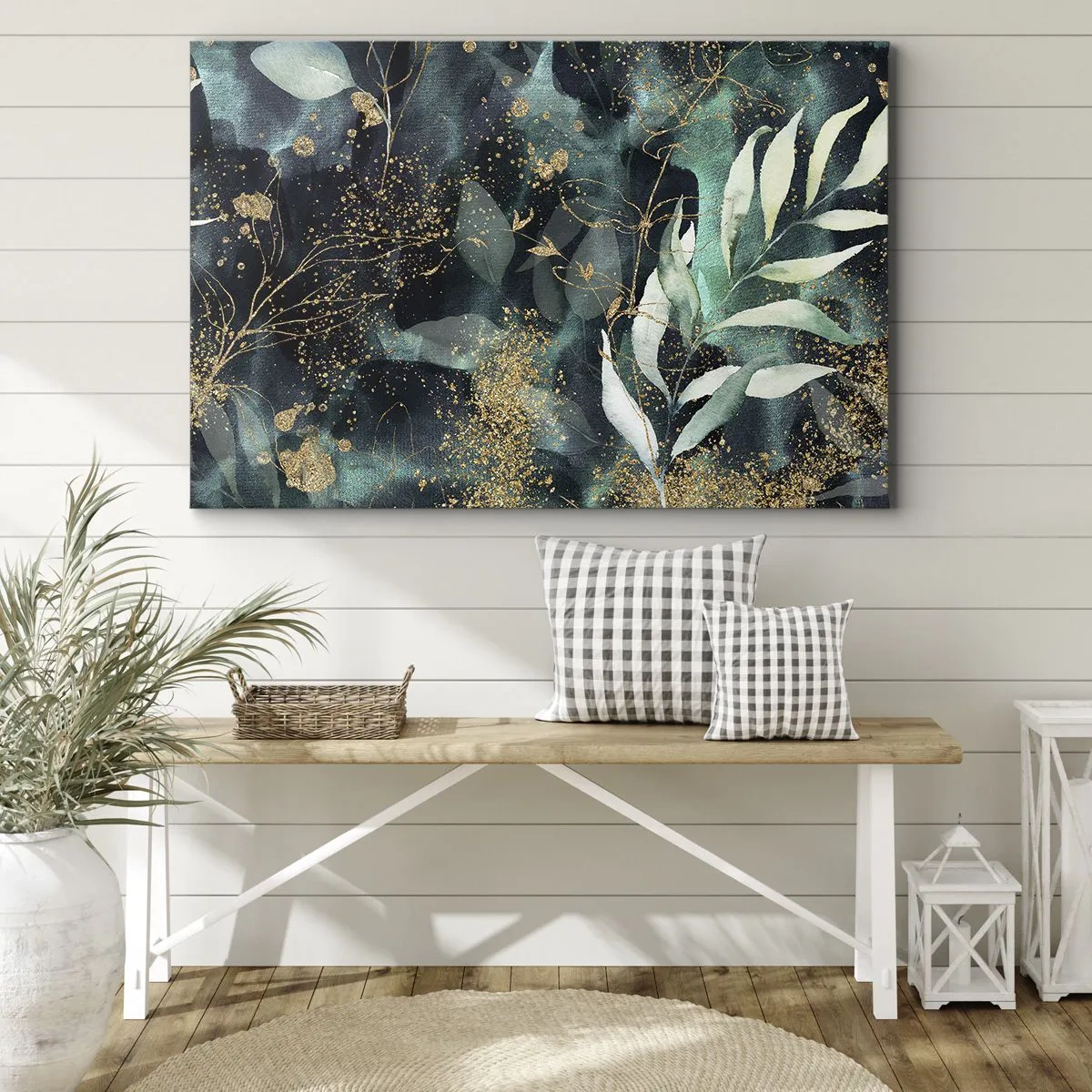 Bild auf Leinwand - Leinwandbild - Elegante Blätter auf dunklem Hintergrund mit goldenen Akzenten - 70x50cm - Zaubergarten - Moderne Wanddekoration für Wohnzimmer und Schlafzimmer ARTTOR