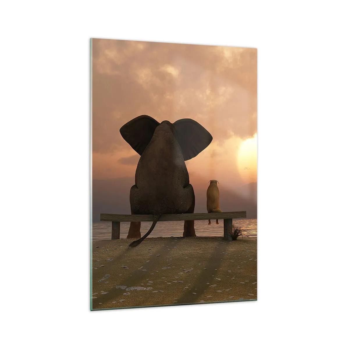 Glasbild - Bild auf glas - Ein Elefant und ein Hund sitzen während des Sonnenuntergangs auf einer Bank am Strand. - 70x100cm - Es tut gut zusammen zu schweigen - Moderne Wanddekoration für Wohnzimmer und Schlafzimmer ARTTOR