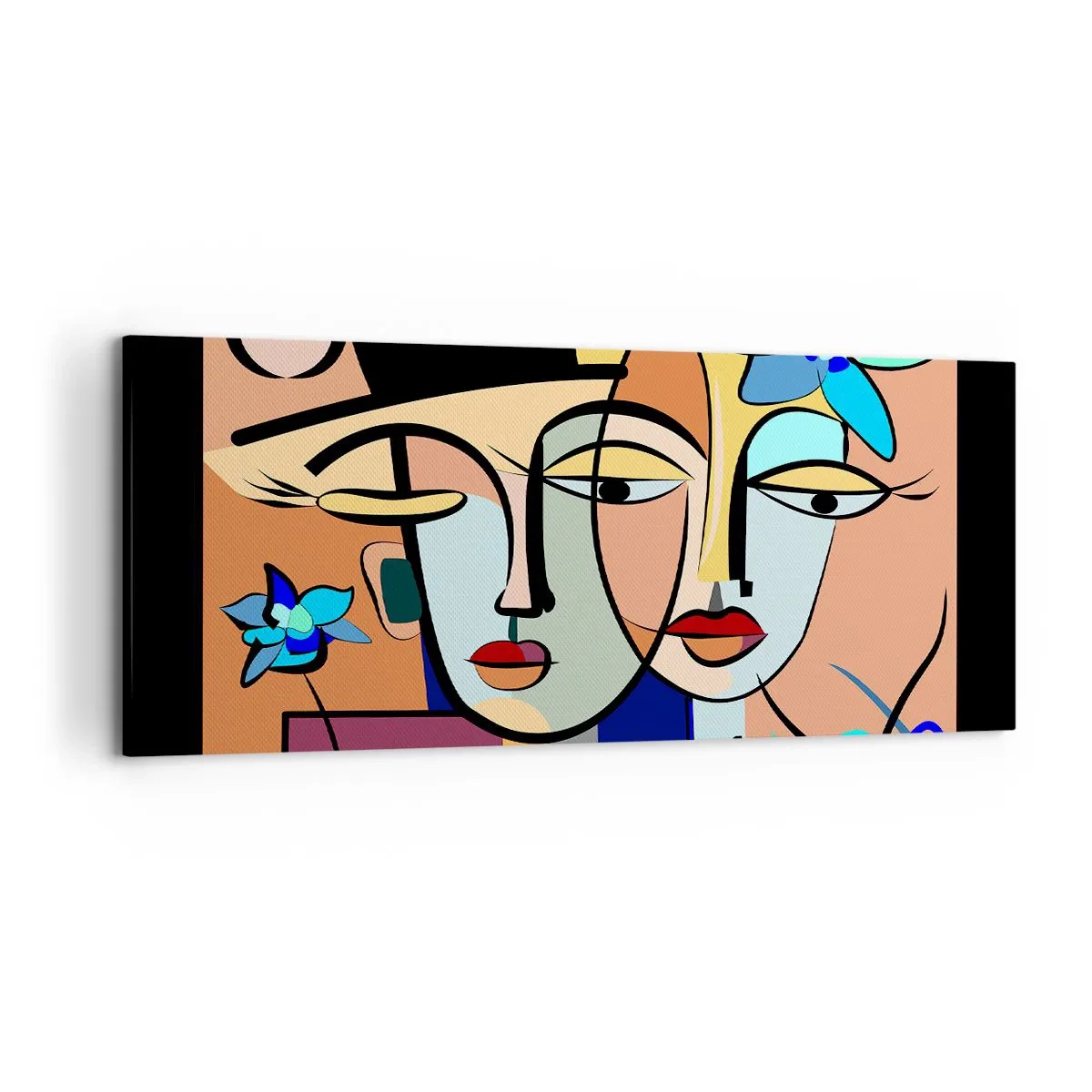 Bild auf Leinwand - Leinwandbild - Kubistische Porträts in leuchtenden Farben mit floralem Motiv - 120x50cm - Picassos randez vous - Moderne Wanddekoration für Wohnzimmer und Schlafzimmer ARTTOR