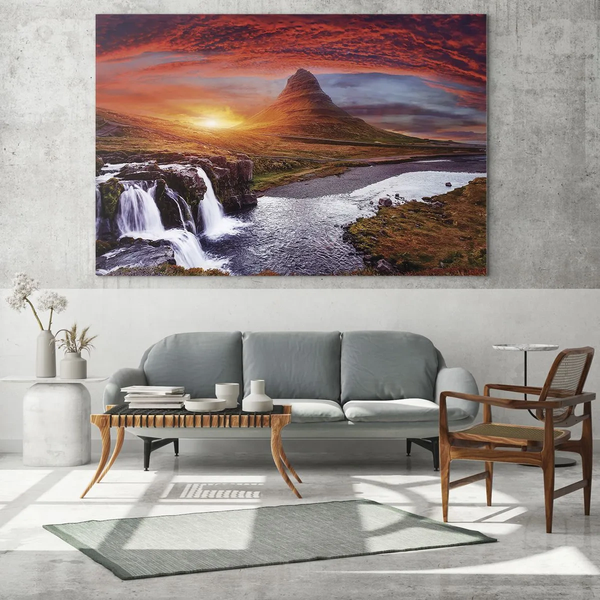 Glasbild - Bild auf glas - Berglandschaft mit Wasserfall und Sonnenuntergang - 70x50cm - Ein Blick auf Mittelerde - Moderne Wanddekoration für Wohnzimmer und Schlafzimmer ARTTOR