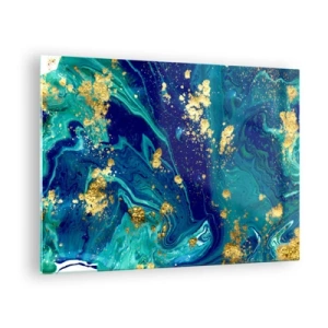 Glasbild - Bild auf glas - Ein abstraktes Muster in Türkis- und Marineblautönen mit goldenen Akzenten - 70x50cm - Die Blütenblätter der Sonne - Moderne Wanddekoration für Wohnzimmer und Schlafzimmer ARTTOR