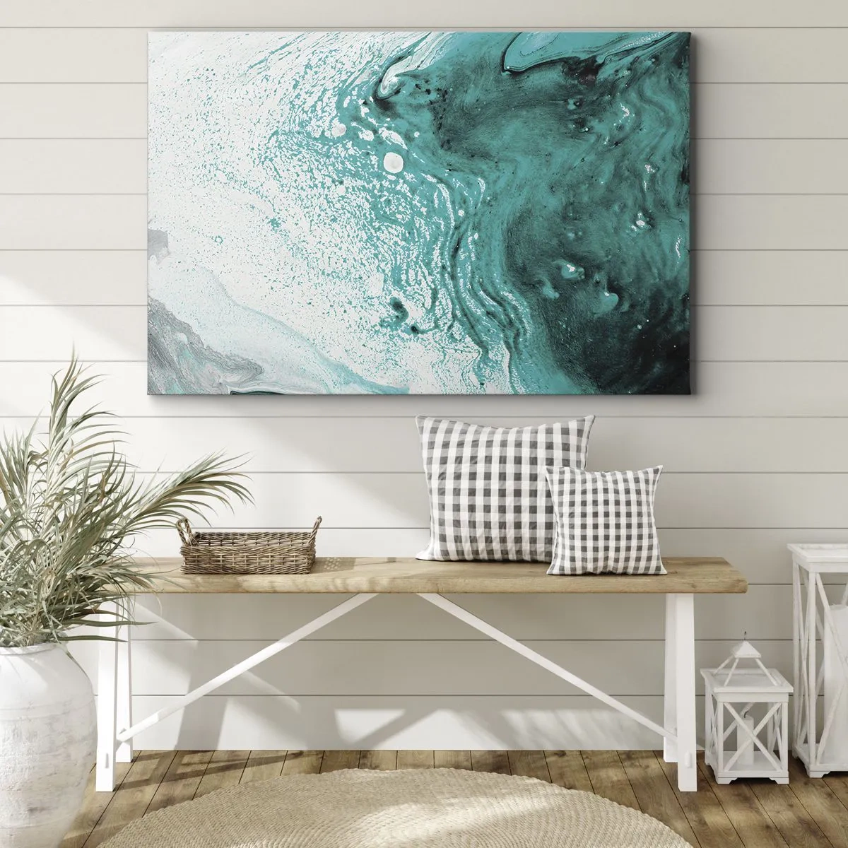 Bild auf Leinwand - Leinwandbild - Abstrakte Komposition in Türkistönen auf weißem Hintergrund - 70x50cm - Verschmelzen in Weiß und Türkis - Moderne Wanddekoration für Wohnzimmer und Schlafzimmer ARTTOR