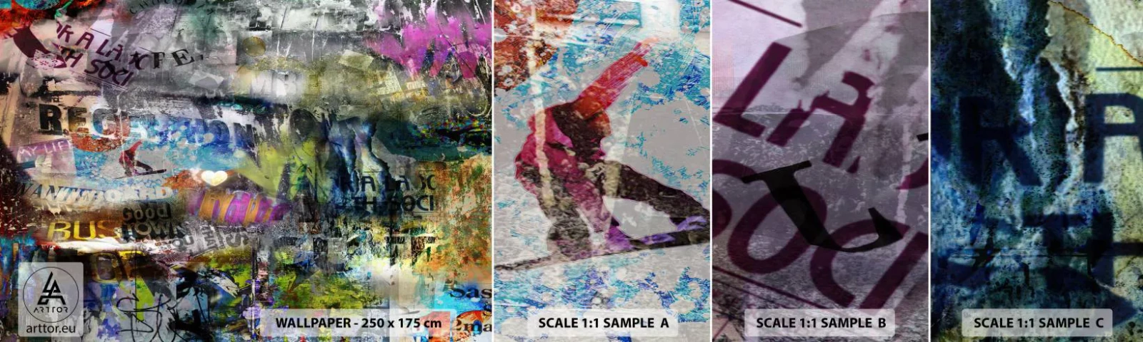 Fototapeten Muster Selbstklebend Deluxe Sticker - Collage aus Erinnerungen - Graffiti, Wandgemälde, Modernes Muster - 100x30 cm