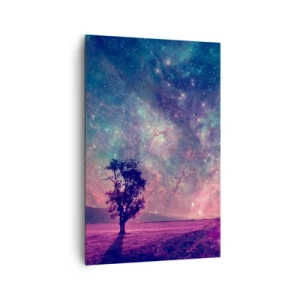 Bild auf Leinwand - Leinwandbild - Ein Baum vor einem Sternenhimmel in violetten und blauen Farben - 80x120cm - Unter dem magischen Himmel - Moderne Wanddekoration für Wohnzimmer und Schlafzimmer ARTTOR