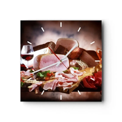 Wanduhr - Glasuhr - Aufschnitt mit Wein auf rustikalem Hintergrund - 30x30cm - Ein kulinarischer Traum mit einer Karaffe - Moderne Wanddekoration für Wohnzimmer und Schlafzimmer ARTTOR