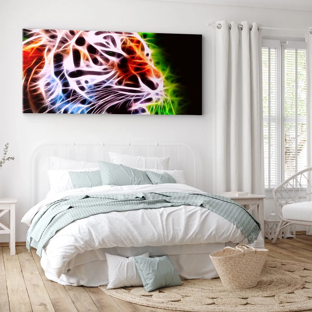 Bild auf Leinwand - Leinwandbild - Farbenfrohes künstlerisches Porträt eines Tigers im Neonstil auf schwarzem Hintergrund. - 160x50cm - Schreckliche Aura - Moderne Wanddekoration für Wohnzimmer und Schlafzimmer ARTTOR