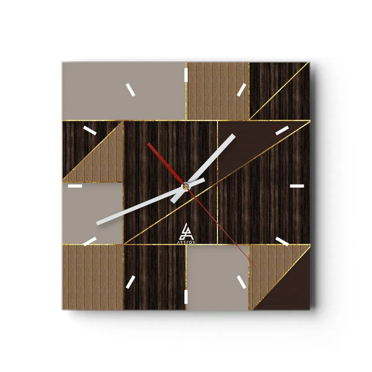 Wanduhr - Glasuhr - Geometrische Muster in Brauntönen mit goldenen Linien - 30x30cm - Ein Mosaik aus Braun und Gold - Moderne Wanddekoration für Wohnzimmer und Schlafzimmer ARTTOR