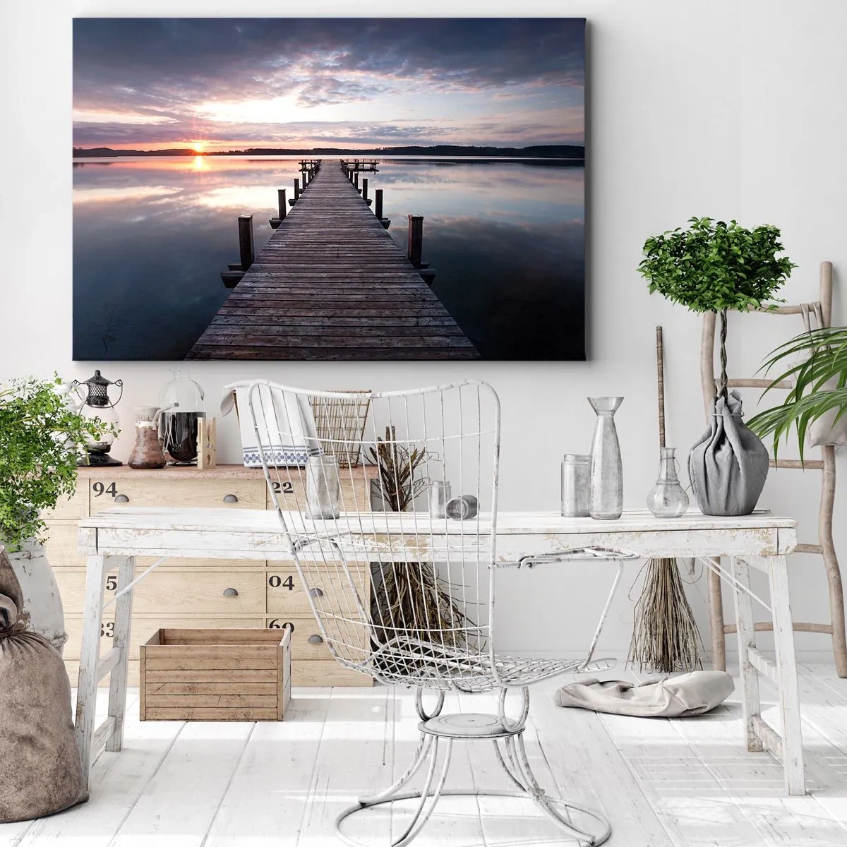 Bild auf Leinwand - Leinwandbild - Ein Pier an einem See bei Sonnenuntergang in einer friedlichen Landschaft - 70x50cm - Eine stille Grenze zwischen Tag und Nacht - Moderne Wanddekoration für Wohnzimmer und Schlafzimmer ARTTOR