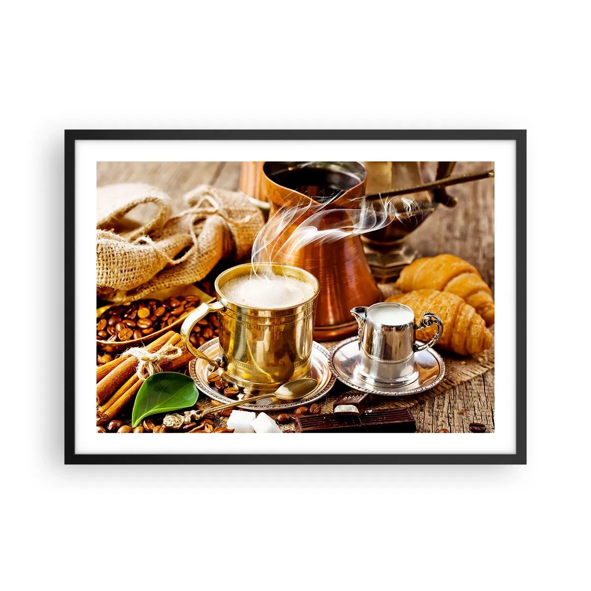 Poster in einem schwarzem Rahmen - Eine goldene Tasse Kaffee, umgeben von Bohnen, Krügen und Croissants - 70x50cm - Schönen Tag noch! - Moderne Wanddekoration für Wohnzimmer und Schlafzimmer ARTTOR