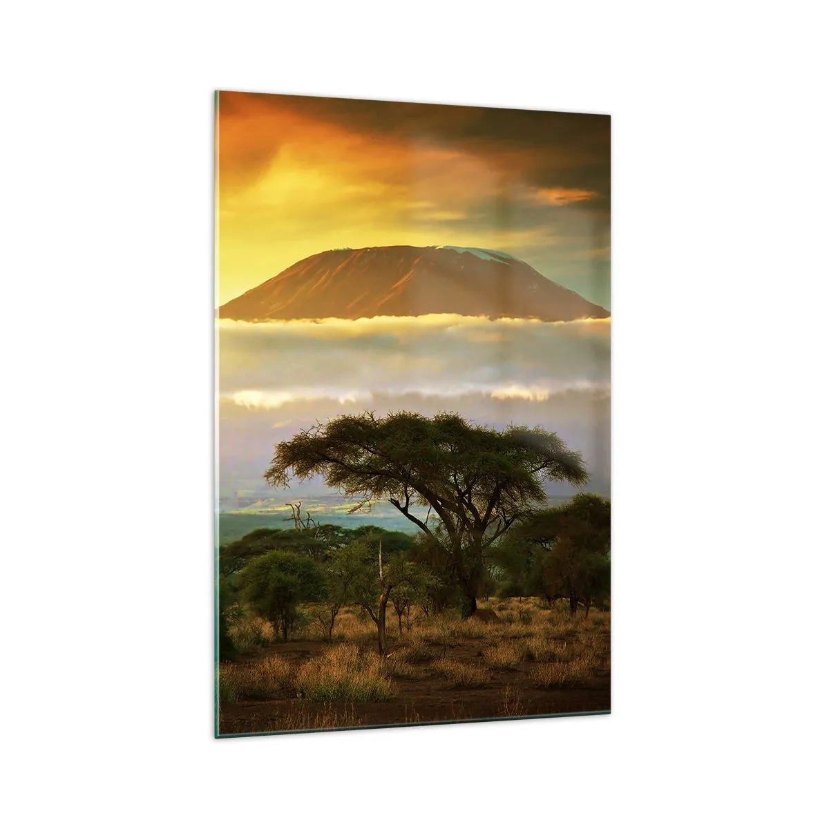 Glasbild - Bild auf glas - Afrikanische Landschaft mit Kilimandscharo bei Sonnenaufgang - 70x100cm - Ein Reisetraum - Moderne Wanddekoration für Wohnzimmer und Schlafzimmer ARTTOR