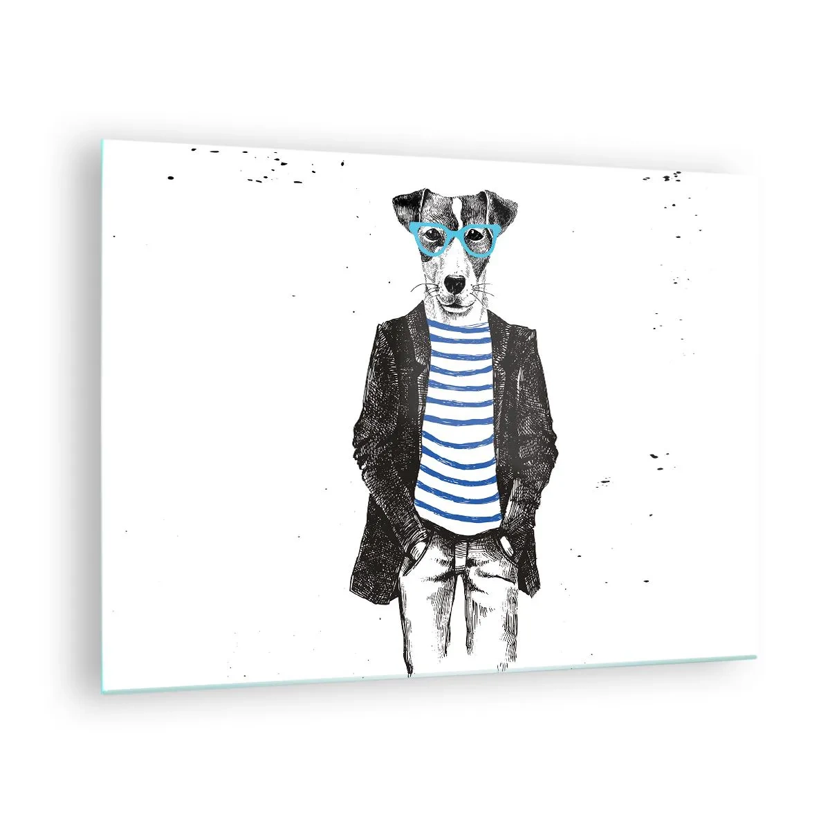 Glasbild - Bild auf glas - Illustration eines Hundes mit Matrosenhemd und Brille auf weißem Hintergrund - 70x50cm - Auf den Charme des Hundes - Moderne Wanddekoration für Wohnzimmer und Schlafzimmer ARTTOR