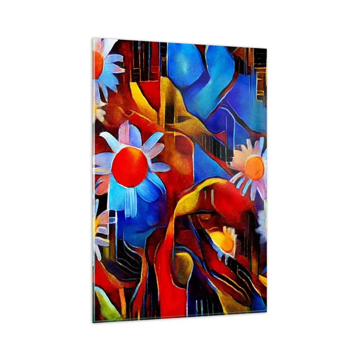 Glasbild - Bild auf glas - Abstrakte Blumen vor einem Hintergrund aus geometrischen Mustern - 80x120cm - Die Farben des Lebens - Moderne Wanddekoration für Wohnzimmer und Schlafzimmer ARTTOR