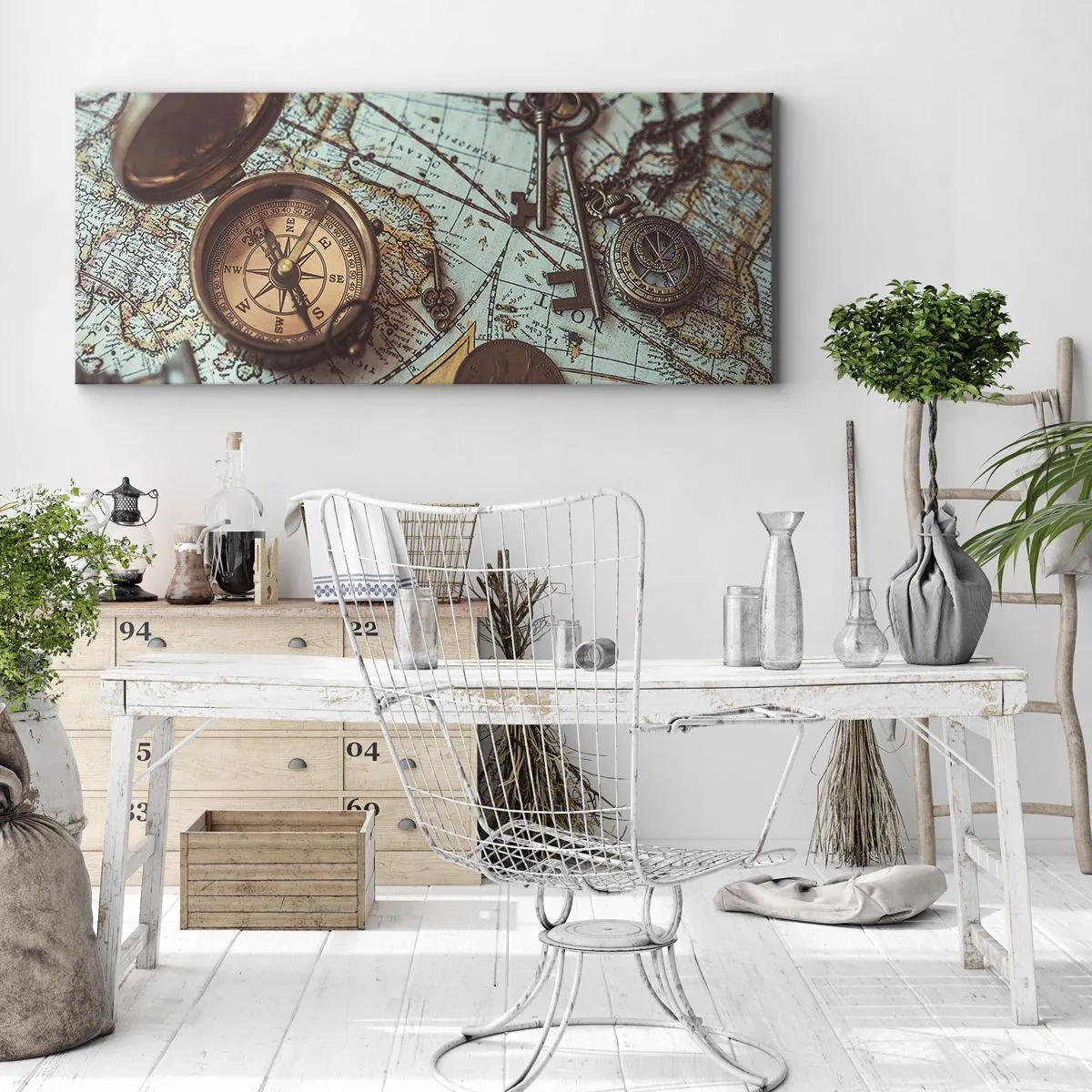 Bild auf Leinwand - Leinwandbild - Komposition mit Kompass, Schlüsseln und einer alten Karte im Retro-Stil - 160x50cm - Für den Abenteurer - Moderne Wanddekoration für Wohnzimmer und Schlafzimmer ARTTOR