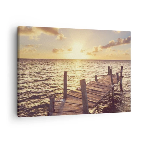 Bild auf Leinwand - Leinwandbild - Ein Holzsteg führt in Richtung Sonnenuntergang - 70x50cm - Das goldene Land der Sanftmut - Moderne Wanddekoration für Wohnzimmer und Schlafzimmer ARTTOR