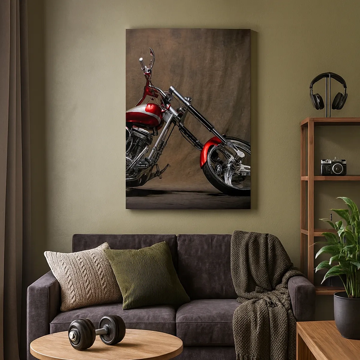 Bild auf Leinwand - Leinwandbild - Rotes Custom-Motorrad vor braunem Stoffhintergrund - 50x70cm - Rote und silberne Schönheit - Moderne Wanddekoration für Wohnzimmer und Schlafzimmer ARTTOR
