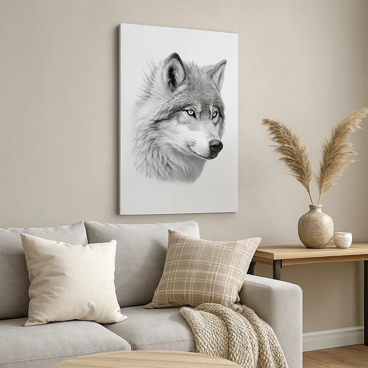 Bild auf Leinwand - Leinwandbild - Ein realistisches Porträt eines Wolfes in Grautönen. - 50x70cm - Alpha – ohne Zweifel - Moderne Wanddekoration für Wohnzimmer und Schlafzimmer ARTTOR