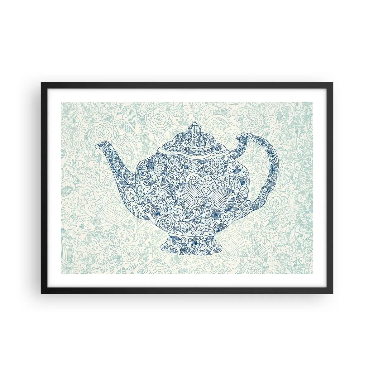 Poster in einem schwarzem Rahmen - Dekorative Zeichnung einer Teekanne mit blauen Ornamenten - 70x50cm - Tee-Charm - Moderne Wanddekoration für Wohnzimmer und Schlafzimmer ARTTOR