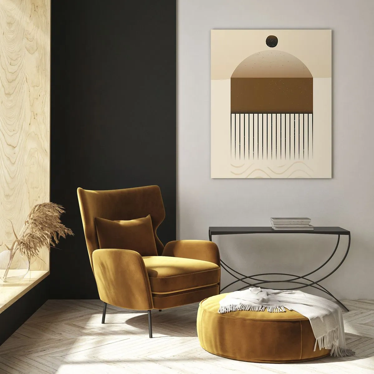 Glasbild - Bild auf glas - Beige und braune Abstraktion mit geometrischen Formen und Linien - 50x70cm - Verschiedene Staaten - Moderne Wanddekoration für Wohnzimmer und Schlafzimmer ARTTOR