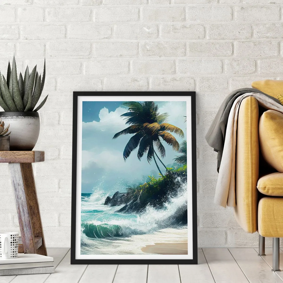 Poster in einem schwarzem Rahmen - Tropischer Strand mit Palmen und rauem Ozean - 50x70cm - Am tropischen Ufer - Moderne Wanddekoration für Wohnzimmer und Schlafzimmer ARTTOR