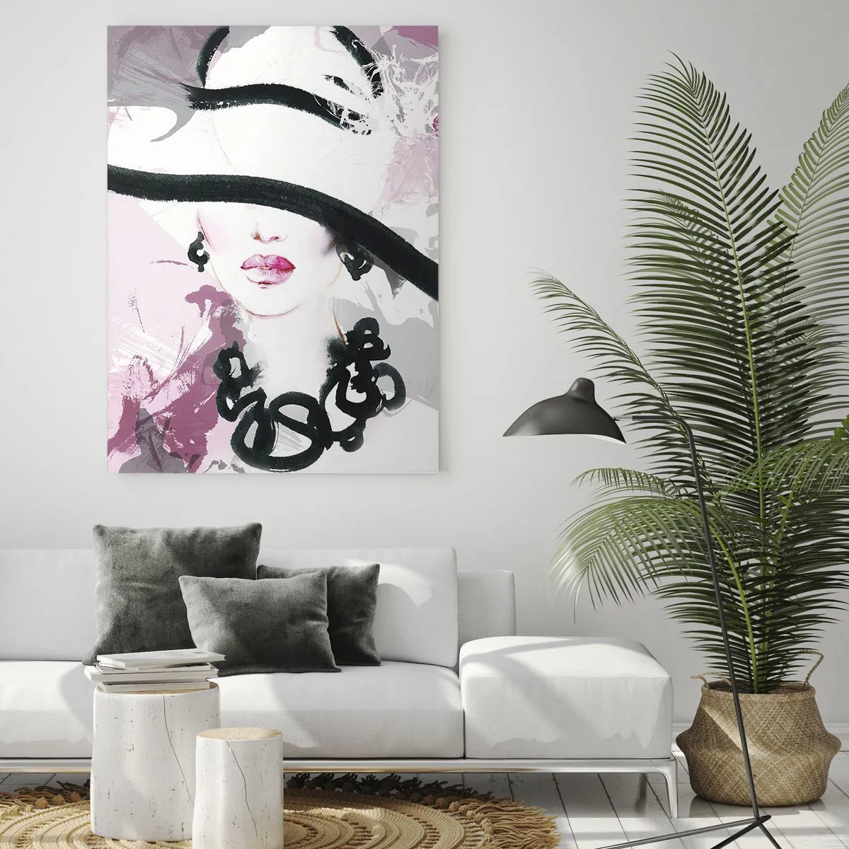 Glasbild - Bild auf glas - Eine elegante Frau mit Hut vor einem Hintergrund aus rosa Abstraktionen. - 80x120cm - Bildnis einer Dame in Schwarz und Pink - Moderne Wanddekoration für Wohnzimmer und Schlafzimmer ARTTOR