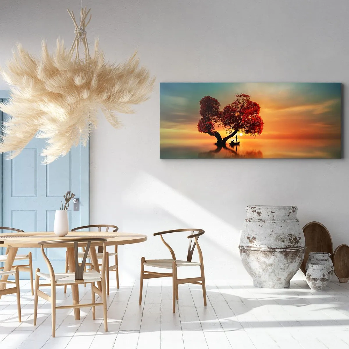 Bild auf Leinwand - Leinwandbild - Ein rotblättriger Baum und ein Boot auf dem Wasser bei Sonnenuntergang - 140x50cm - Oddaysons und die Stille der Weltlosen - Moderne Wanddekoration für Wohnzimmer und Schlafzimmer ARTTOR