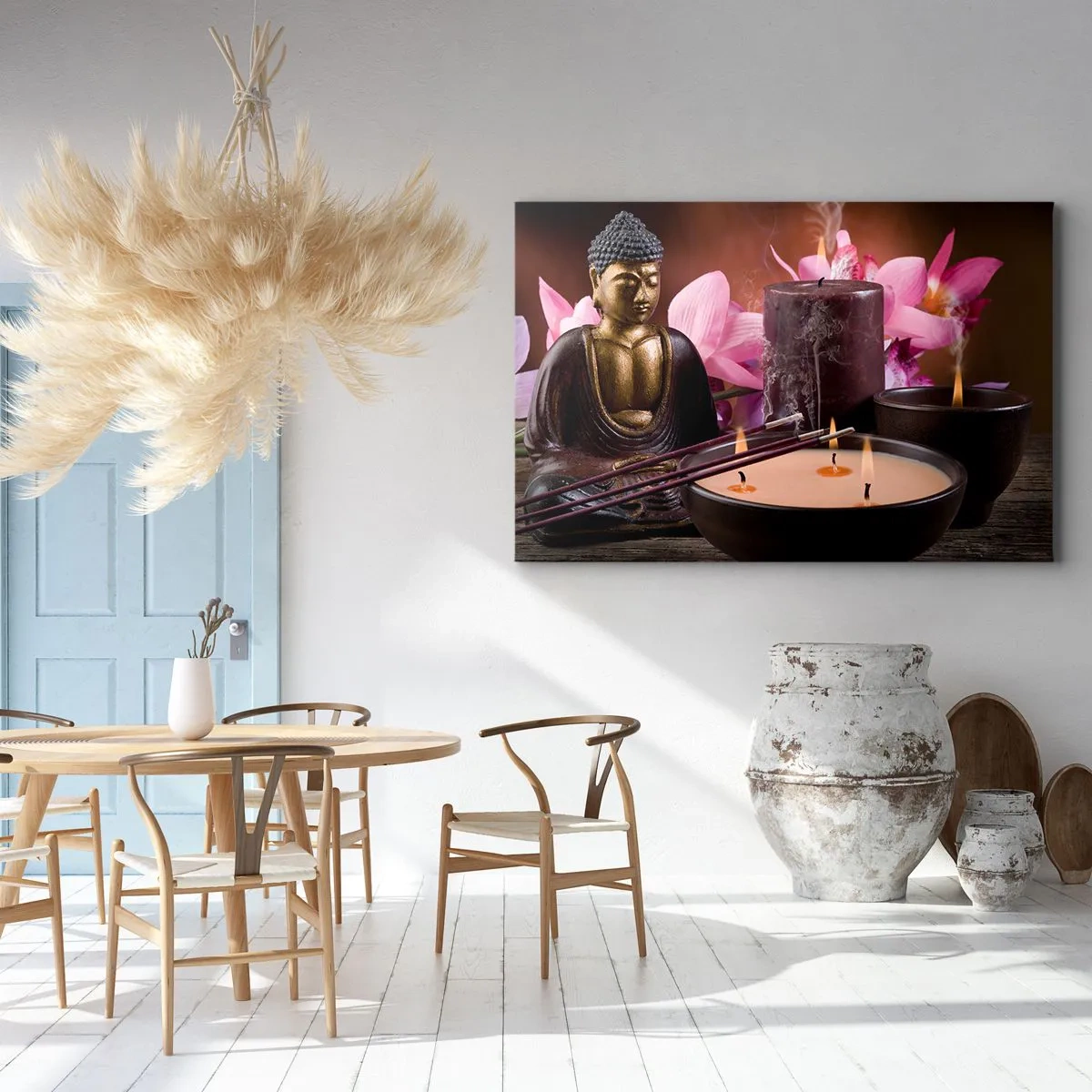 Bild auf Leinwand - Leinwandbild - Buddha-Figur mit brennenden Kerzen und Räucherstäbchen - 70x50cm - Den Geist frei machen, den Körper beruhigen - Moderne Wanddekoration für Wohnzimmer und Schlafzimmer ARTTOR