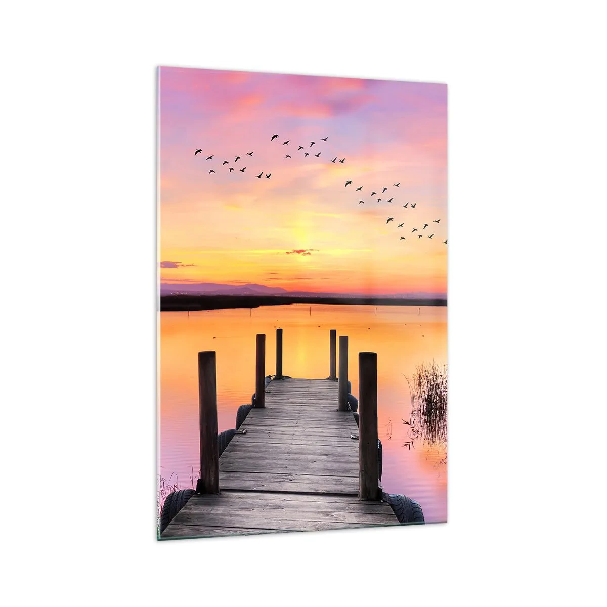 Glasbild - Bild auf glas - Ein Pier an einem See bei Sonnenuntergang mit Vögeln am Himmel - 70x100cm - Violette stille Morgendämmerung - Moderne Wanddekoration für Wohnzimmer und Schlafzimmer ARTTOR