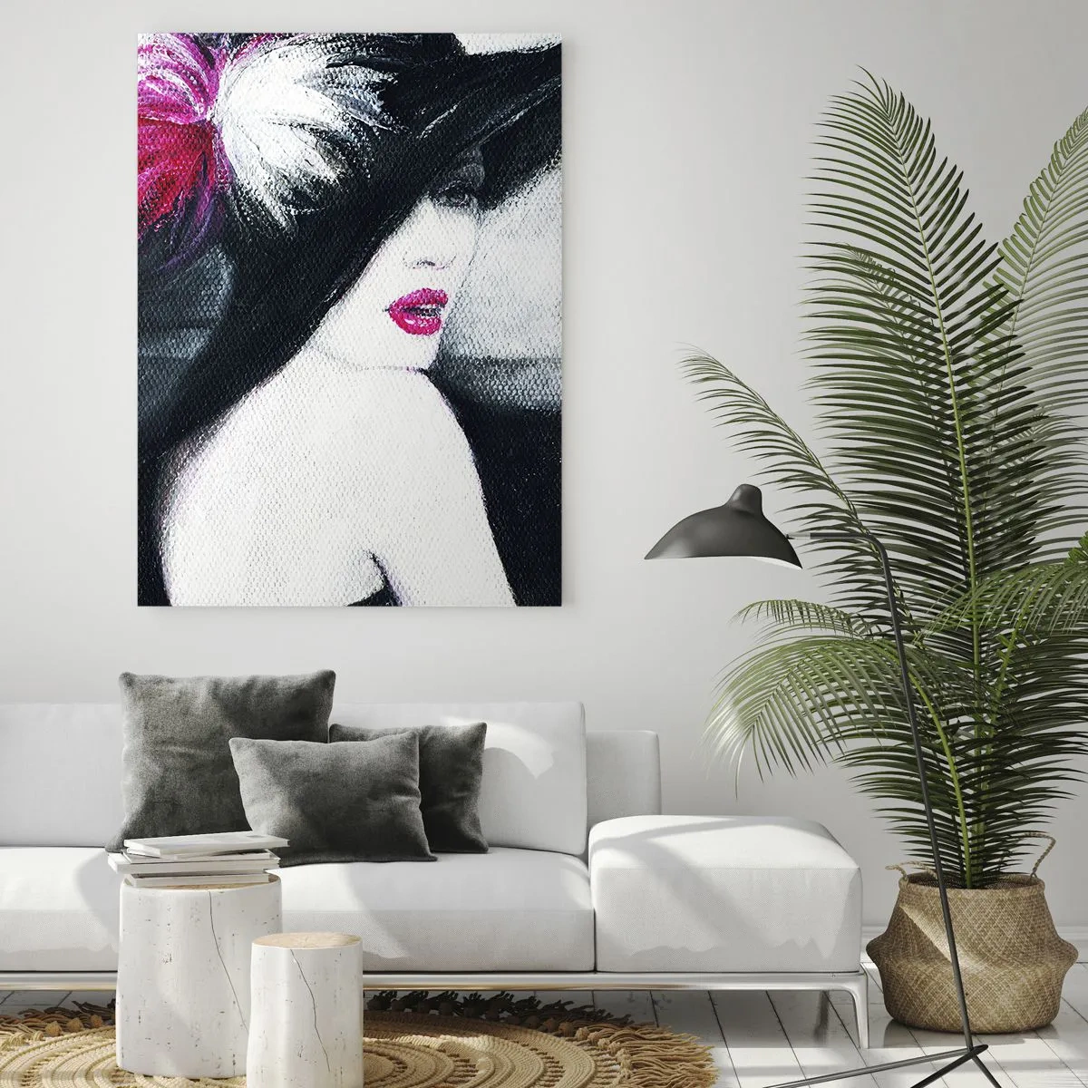 Glasbild - Bild auf glas - Porträt einer Frau mit großem Hut und rosa Feder - 50x70cm - Immer ein Geheimnis - Moderne Wanddekoration für Wohnzimmer und Schlafzimmer ARTTOR