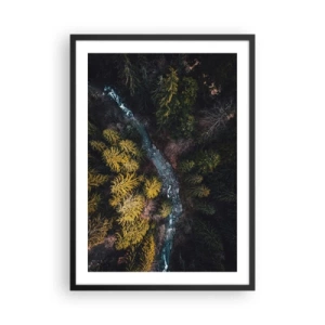 Poster in einem schwarzem Rahmen - Ein Waldbach aus der Vogelperspektive - 50x70cm - Schnell und immer schneller - Moderne Wanddekoration für Wohnzimmer und Schlafzimmer ARTTOR