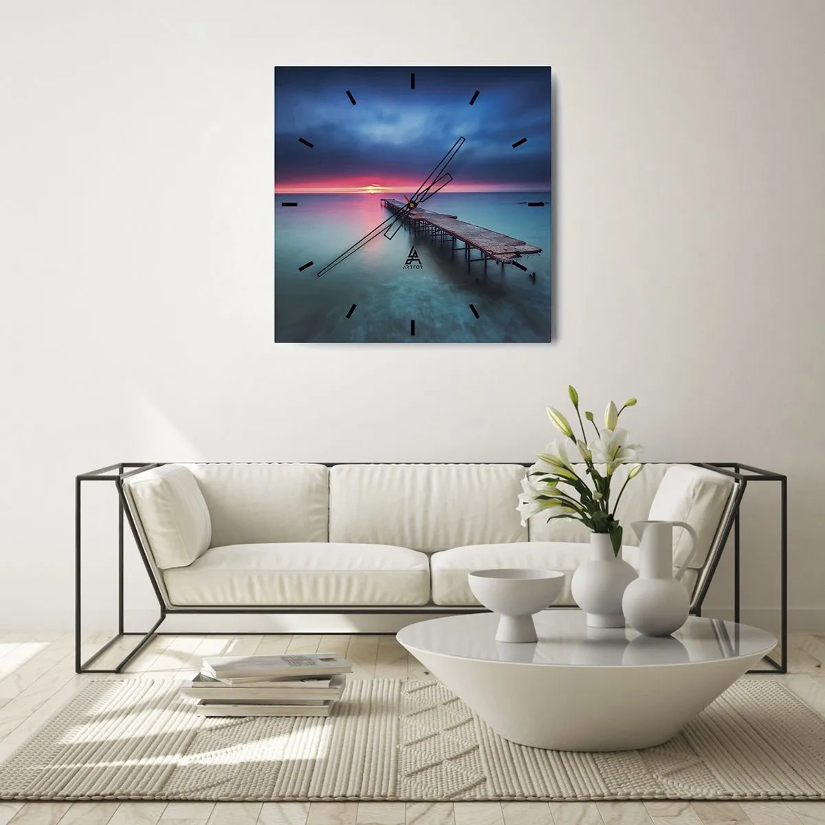 Wanduhr - Glasuhr - Ein Holzsteg, der bei Sonnenuntergang direkt aufs Meer hinausführt - 30x30cm - Zwischen Himmel und Erde - Moderne Wanddekoration für Wohnzimmer und Schlafzimmer ARTTOR