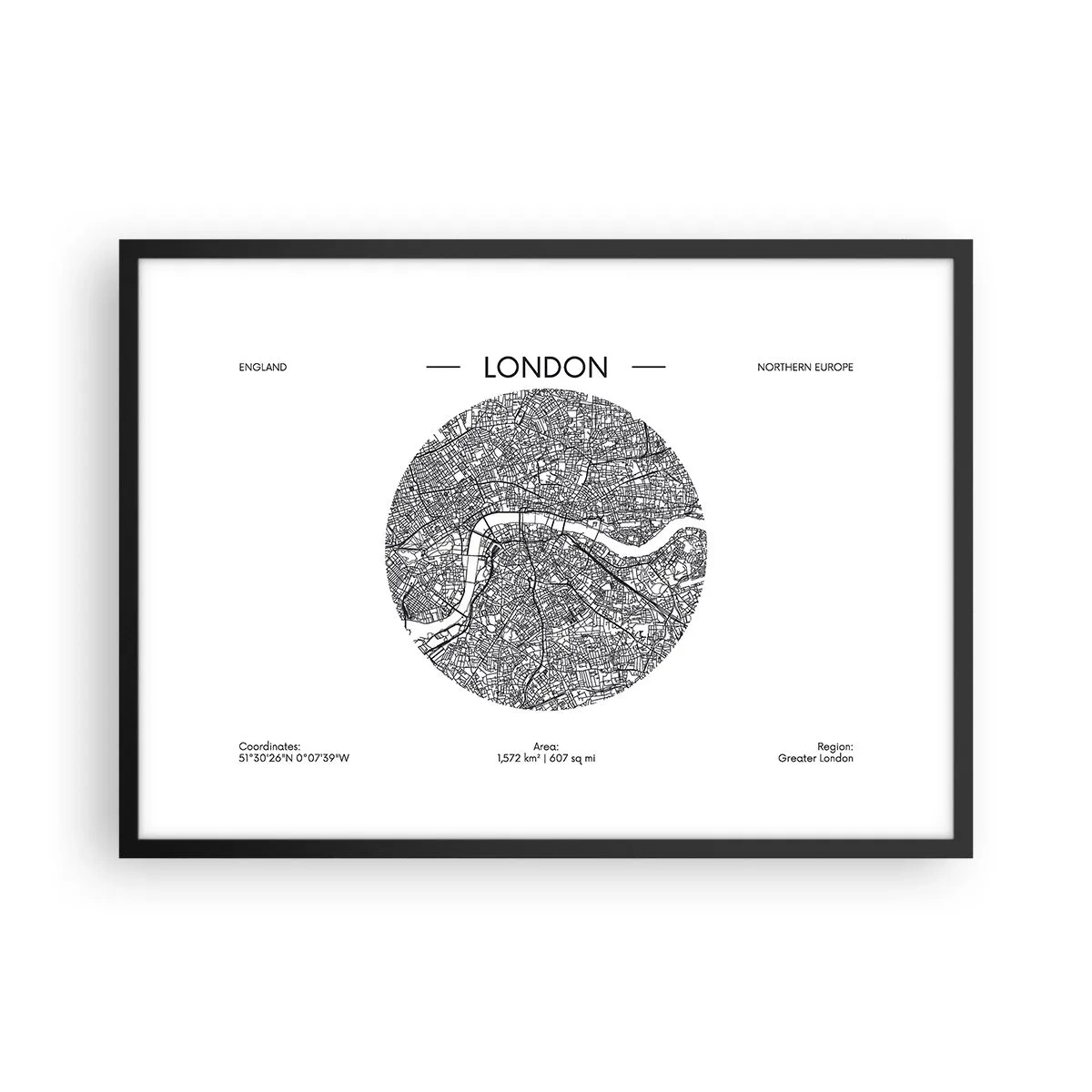 Poster in einem schwarzem Rahmen - Eine minimalistische Karte von London in Schwarzweiß mit präzisen Details. - 70x50cm - Anatomie von London - Moderne Wanddekoration für Wohnzimmer und Schlafzimmer ARTTOR