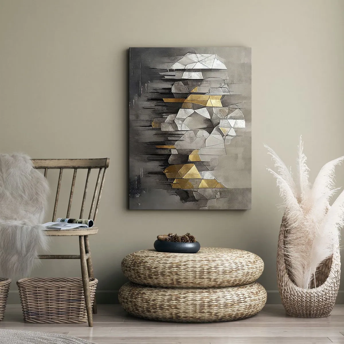 Bild auf Leinwand - Leinwandbild - Geometrische Abstraktion in Gold- und Grautönen - 80x120cm - Komposition aus Eis und Licht - Moderne Wanddekoration für Wohnzimmer und Schlafzimmer ARTTOR