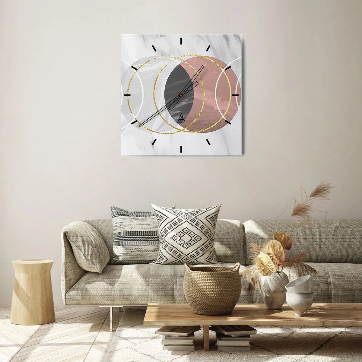 Wanduhr - Glasuhr - Abstrakte geometrische Komposition mit Kreisen und metallischen Details - 30x30cm - Musik der Sphären - Moderne Wanddekoration für Wohnzimmer und Schlafzimmer ARTTOR