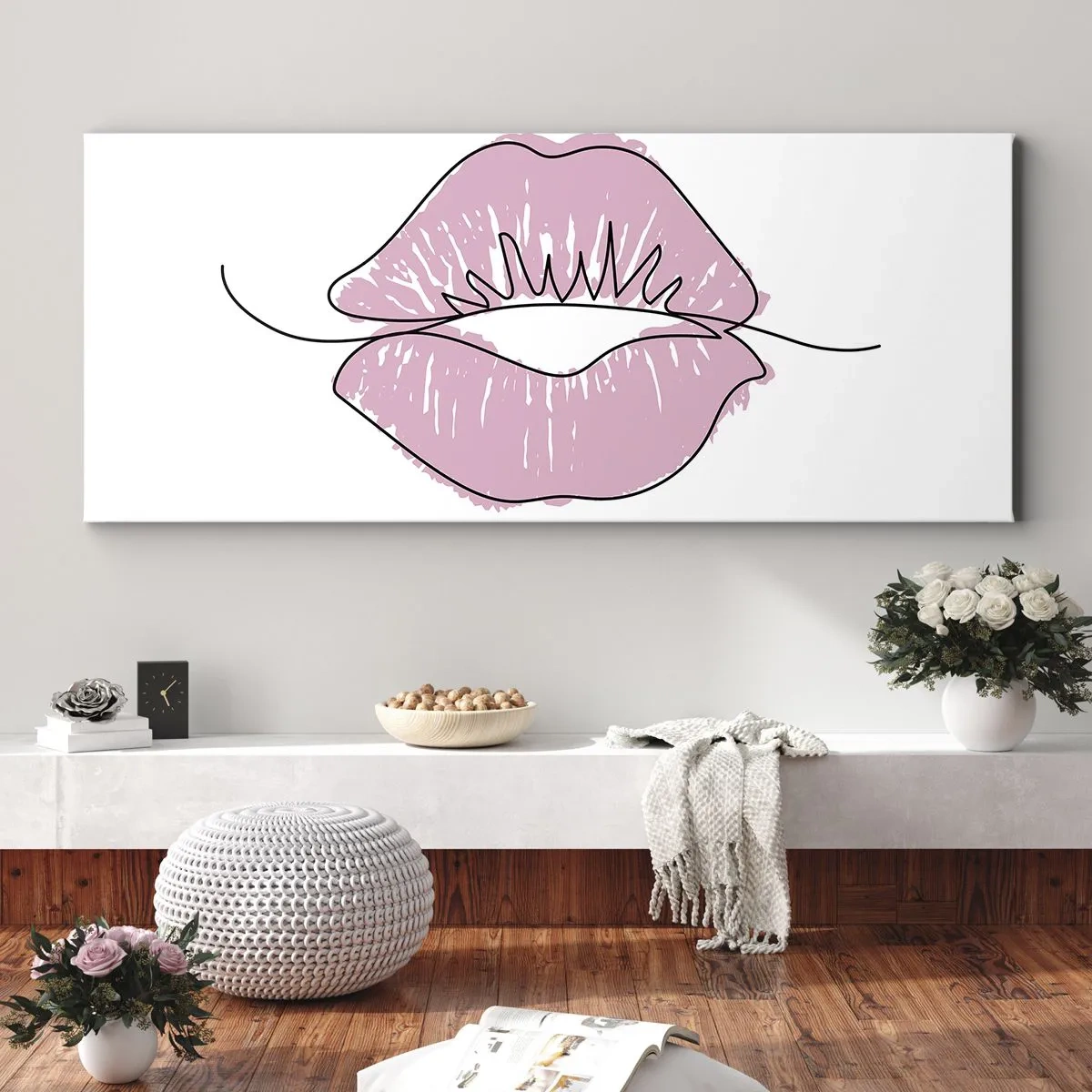 Bild auf Leinwand - Leinwandbild - Minimalistische Lippenzeichnung in einem Rosaton - 140x50cm - Bereit zum Küssen? - Moderne Wanddekoration für Wohnzimmer und Schlafzimmer ARTTOR