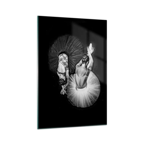 Glasbild - Bild auf glas - Ein Schwarzweißbild von zwei Ballerinas in einer dynamischen Pose. - 70x100cm - Jin und Jang – perfekte Balance - Moderne Wanddekoration für Wohnzimmer und Schlafzimmer ARTTOR
