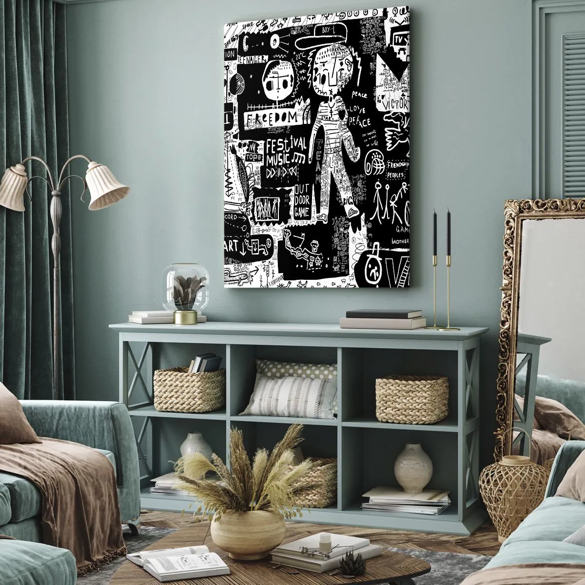 Bild auf Leinwand - Leinwandbild - Von der Straßenkunst inspirierte Schwarz-Weiß-Collage - 50x70cm - Spirituelle Jugend des Gesetzes und der Freude - Moderne Wanddekoration für Wohnzimmer und Schlafzimmer ARTTOR