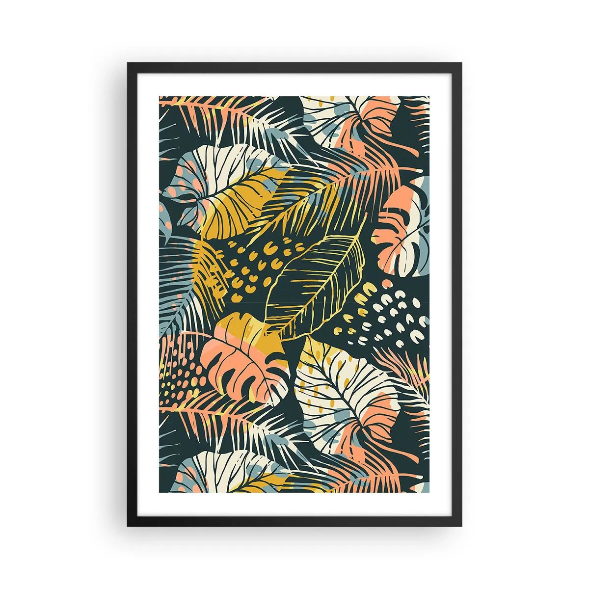 Poster in einem schwarzem Rahmen - Ein farbenfrohes tropisches Blattmuster in Grün-, Gelb- und Rosatönen. - 50x70cm - Grüne Fantasie - Moderne Wanddekoration für Wohnzimmer und Schlafzimmer ARTTOR