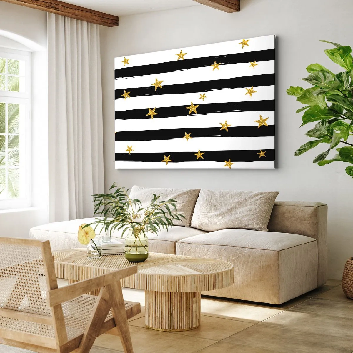 Bild auf Leinwand - Leinwandbild - Schwarz-weiße Streifen mit goldenen Sternen - 70x50cm - Wir wurden alle unter einem glücklichen Stern geboren - Moderne Wanddekoration für Wohnzimmer und Schlafzimmer ARTTOR