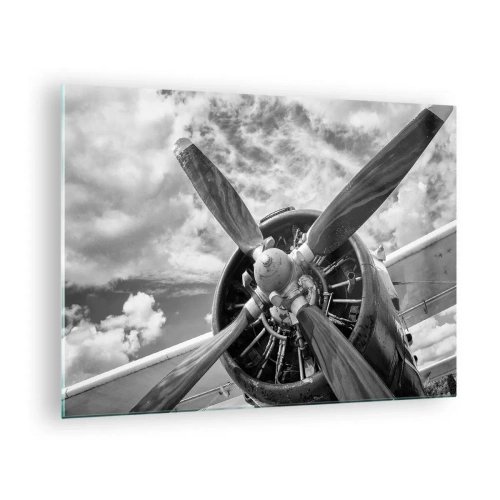 Glasbild - Bild auf glas - Eine Nahaufnahme eines Flugzeugpropellers in Schwarzweiß. - 70x50cm - Eroberer der Lüfte - Moderne Wanddekoration für Wohnzimmer und Schlafzimmer ARTTOR